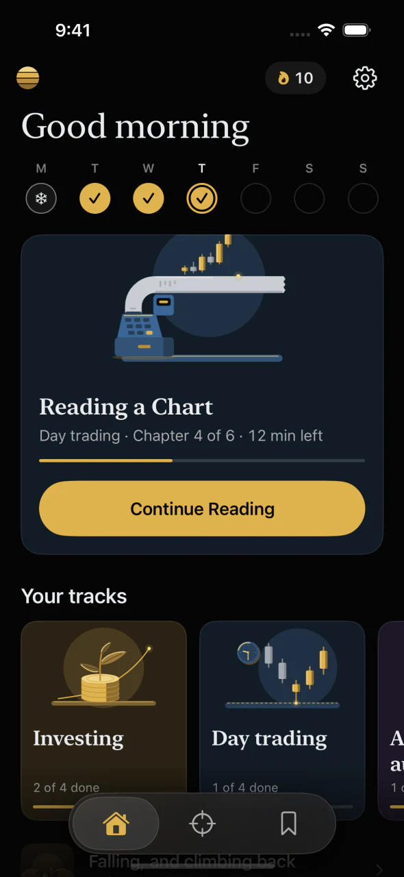 The Learn screen: a Continue card for Reading a Chart, chapter 4 of 6 with 12 minutes left, above the Investing and Day trading track cards.