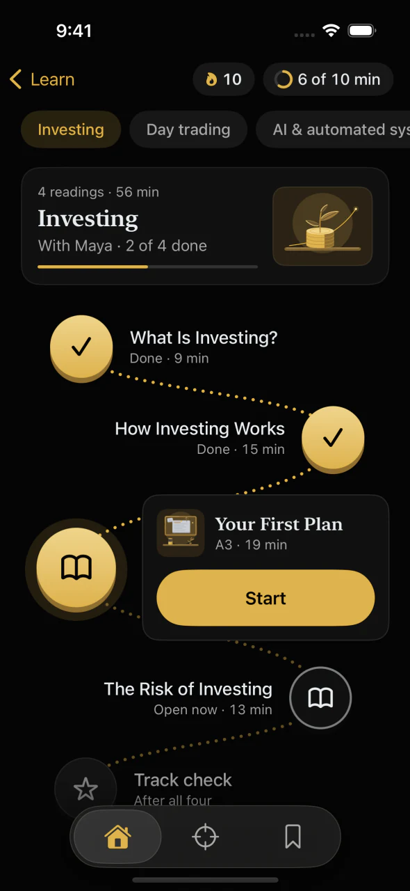 The Investing track with Maya: What Is Investing? and How Investing Works done, Your First Plan ready to start, The Risk of Investing open, and a Track check after all four.